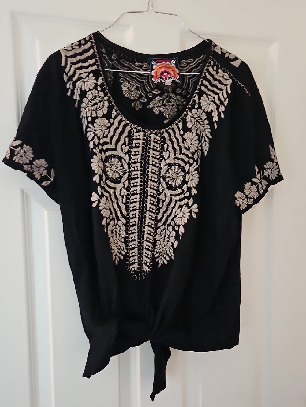 Johnny Was Embroidered Black Tie-Front Women's Top